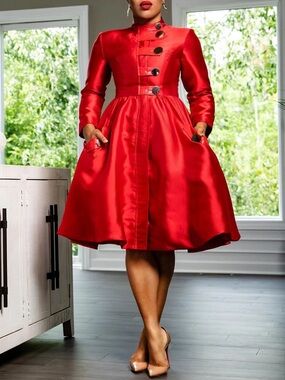STYLEWE Red Satin Midi Dress with High Collar and Button Detail